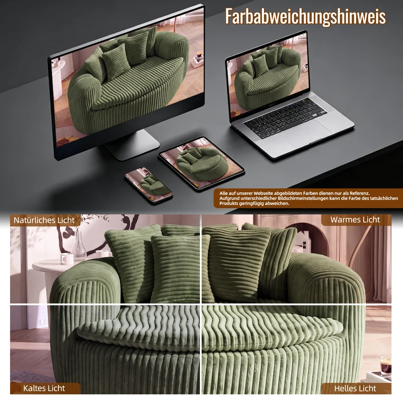 Fauteuil round lounge XXL en velours côtelé vert olive, 5 coussins 145x133cm RUSTICDRESSERSET