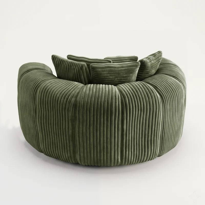 Fauteuil round lounge XXL en velours côtelé vert olive, 5 coussins 145x133cm RUSTICDRESSERSET