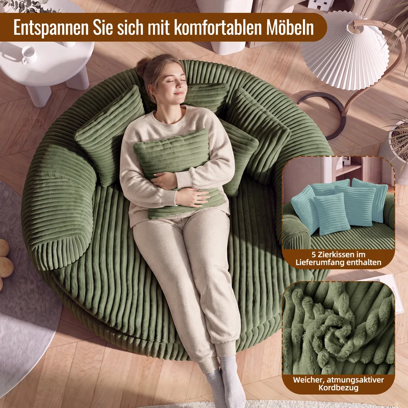 Fauteuil round lounge XXL en velours côtelé vert olive, 5 coussins 145x133cm RUSTICDRESSERSET