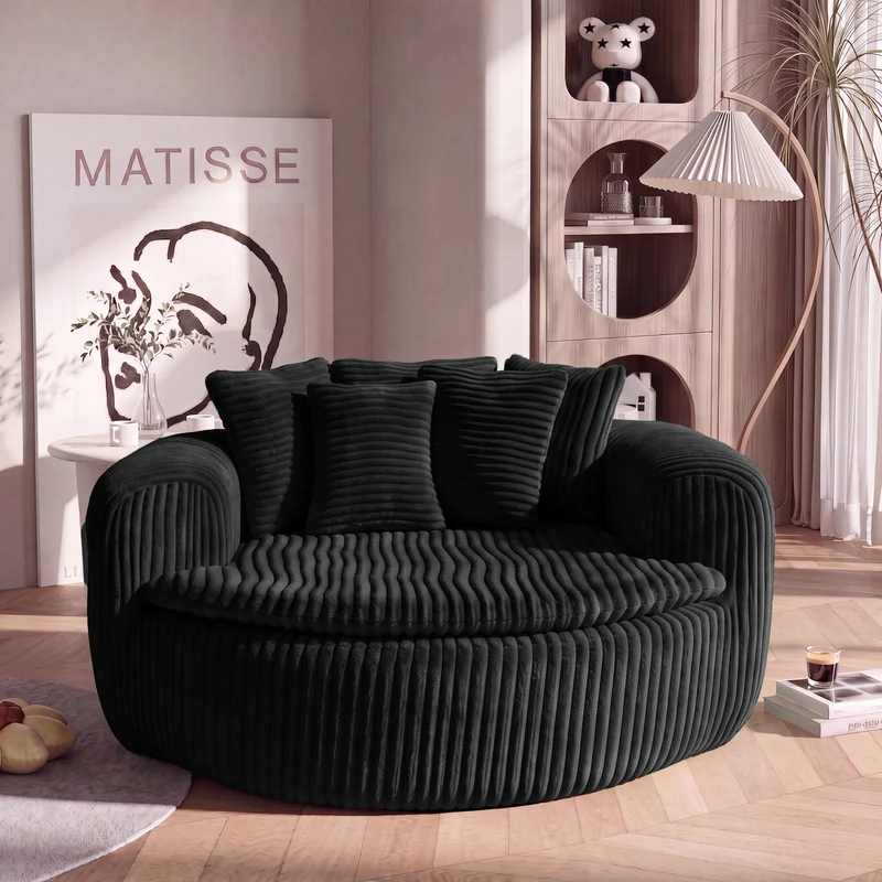 Fauteuil round lounge XXL en velours côtelé noir, 5 coussins 145x133cm RUSTICDIVIDERHOME