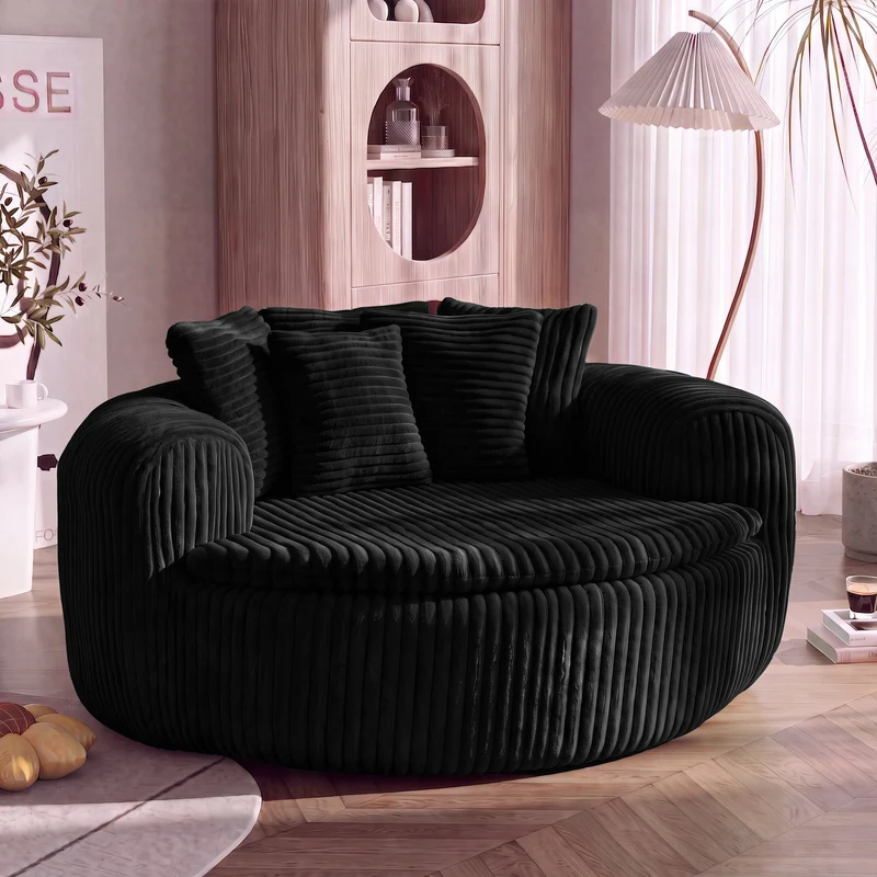 Fauteuil round lounge XXL en velours côtelé noir, 5 coussins 145x133cm RUSTICDIVIDERHOME