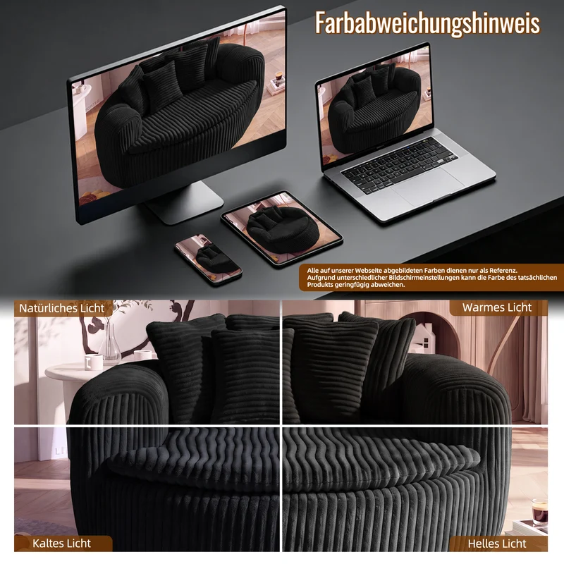 Fauteuil round lounge XXL en velours côtelé noir, 5 coussins 145x133cm RUSTICDIVIDERHOME