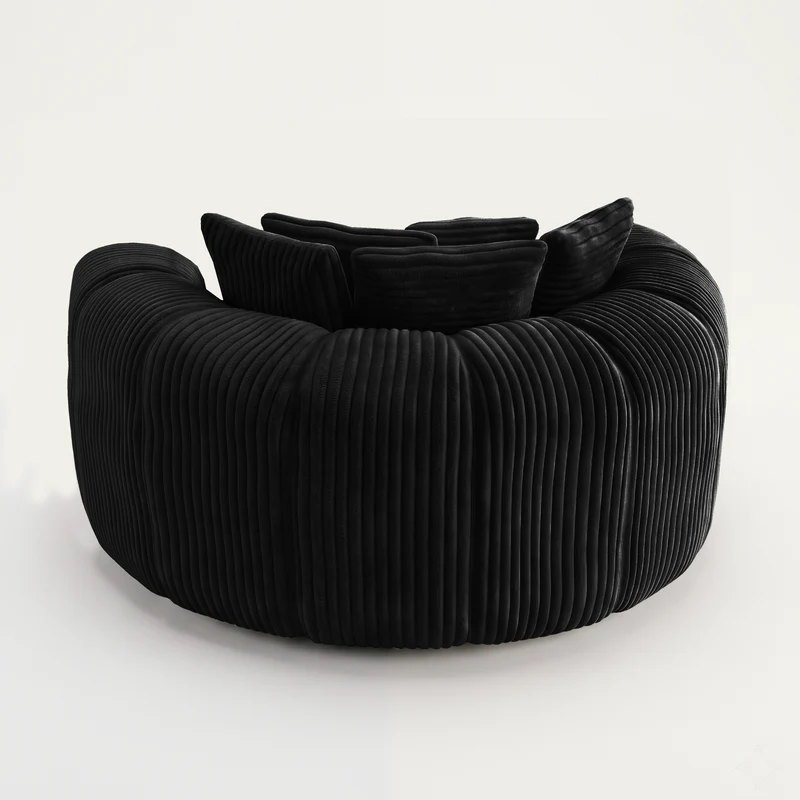 Fauteuil round lounge XXL en velours côtelé noir, 5 coussins 145x133cm RUSTICDIVIDERHOME