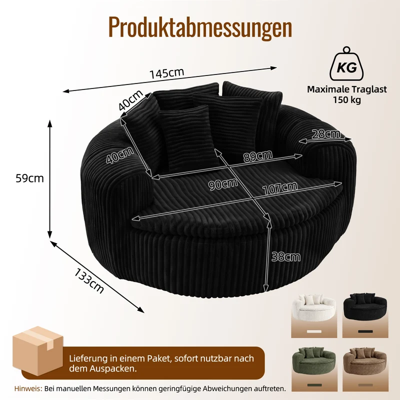 Fauteuil round lounge XXL en velours côtelé noir, 5 coussins 145x133cm RUSTICDIVIDERHOME