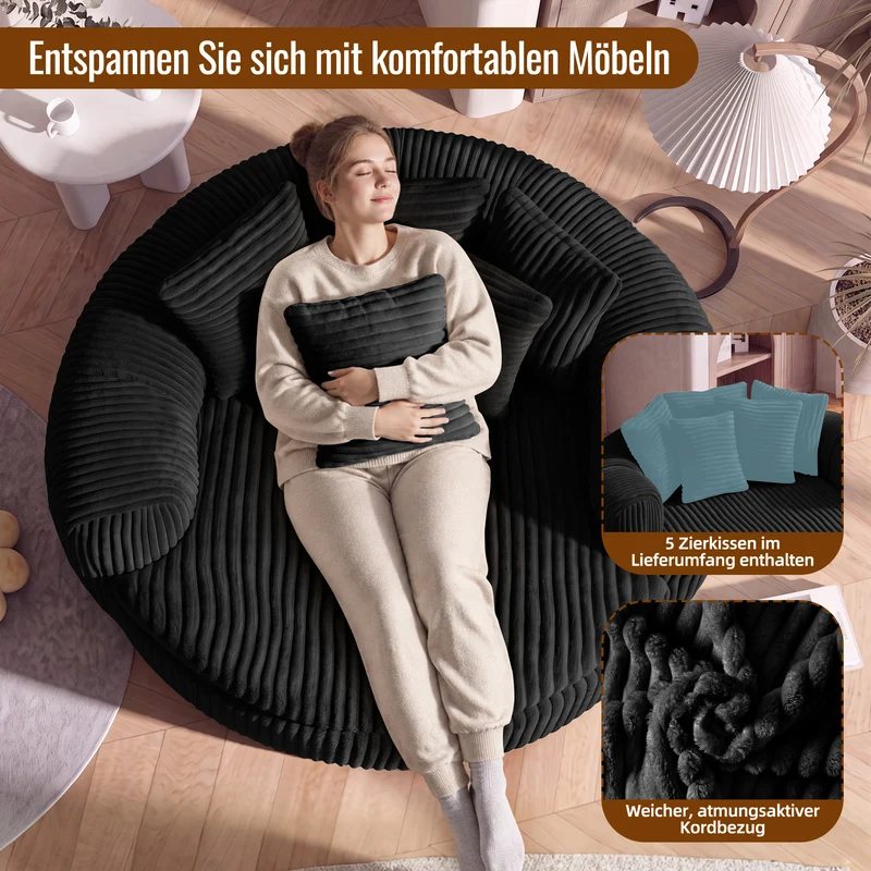 Fauteuil round lounge XXL en velours côtelé noir, 5 coussins 145x133cm RUSTICDIVIDERHOME