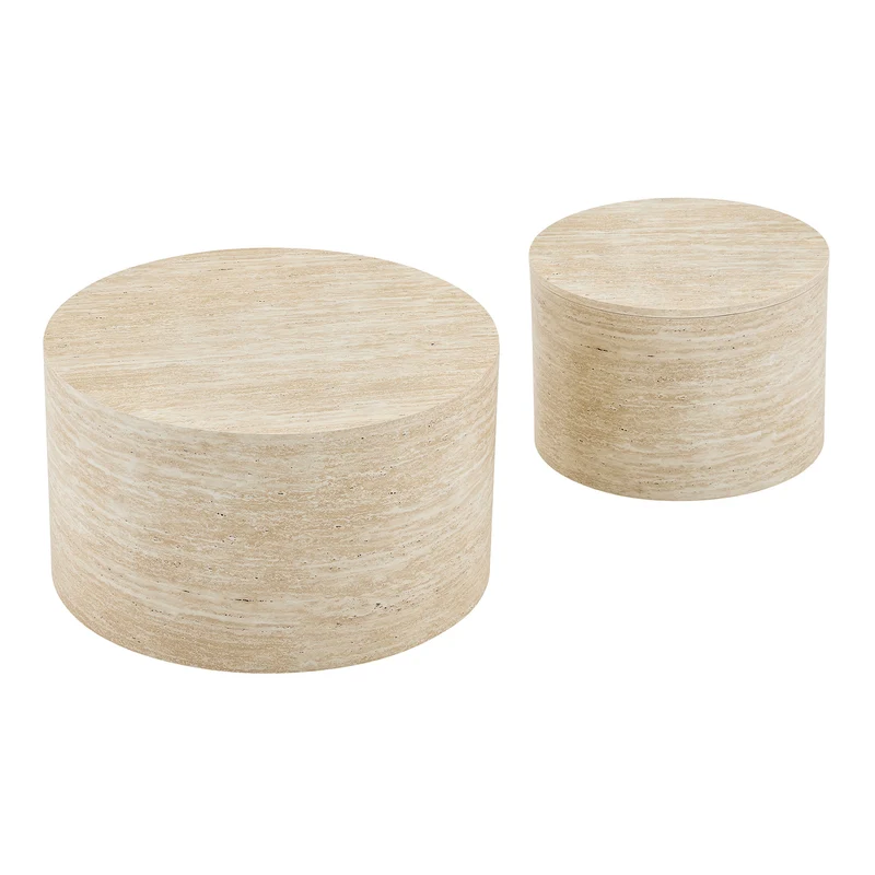 Lot de 2 tables basses gigognes rondes effet bois avec rangement, empilable RUSTICVANITYHOME
