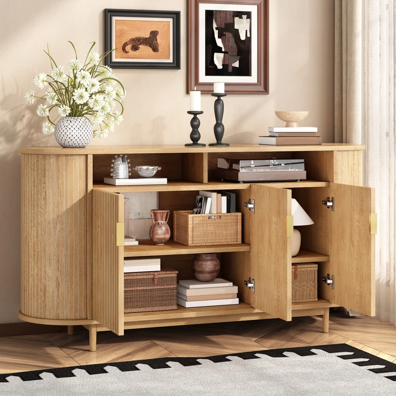 Buffet effet bois naturel, 3 portes, style moderne à relief vertical 140cm RUSTICRUGART