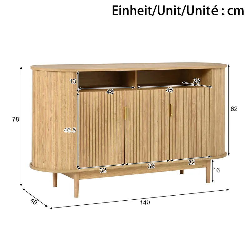 Buffet effet bois naturel, 3 portes, style moderne à relief vertical 140cm RUSTICRUGART
