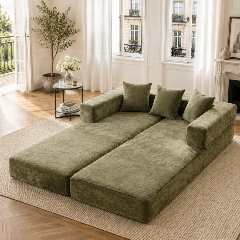 Canapé modulable 2 places convertible en chenille verte, ultra-doux avec poches 198cm RUSTICOTTOMANSET