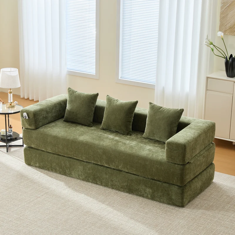 Canapé modulable 2 places convertible en chenille verte, ultra-doux avec poches 198cm RUSTICOTTOMANSET