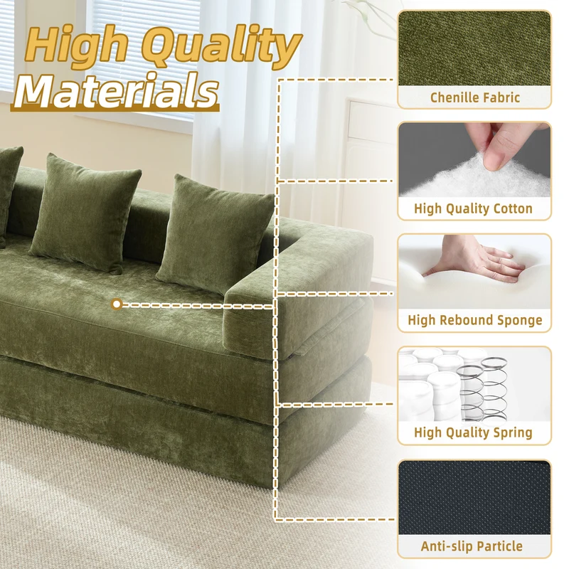 Canapé modulable 2 places convertible en chenille verte, ultra-doux avec poches 198cm RUSTICOTTOMANSET