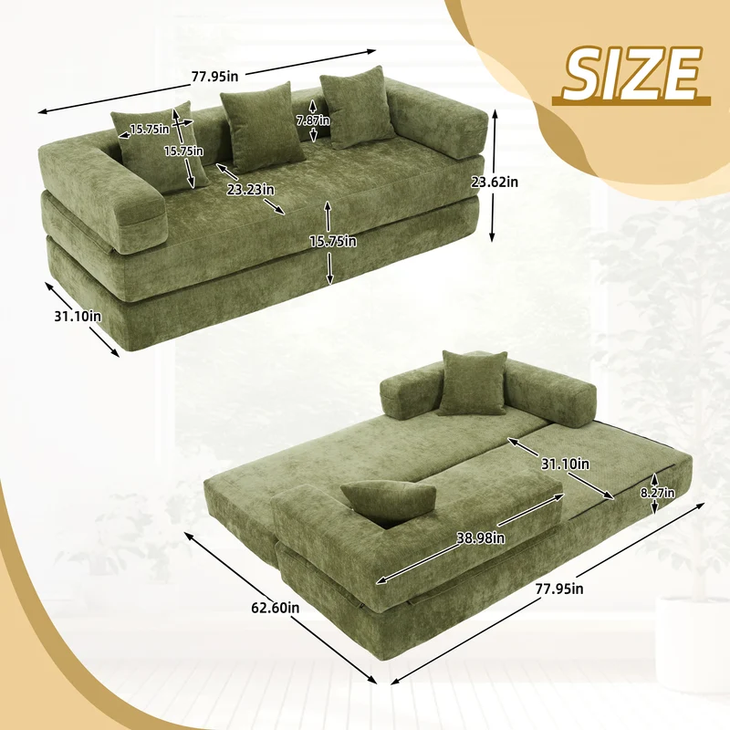 Canapé modulable 2 places convertible en chenille verte, ultra-doux avec poches 198cm RUSTICOTTOMANSET