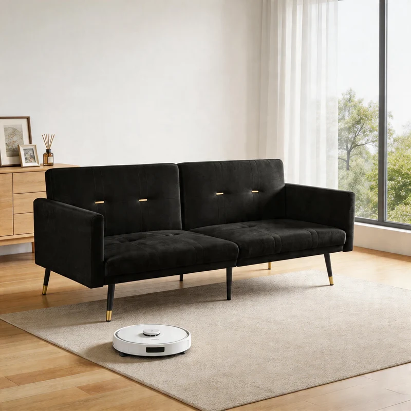 Canapé convertible 2 places en velours noir, dossiers réglables 164cm SCANDINAVIANDRESSER