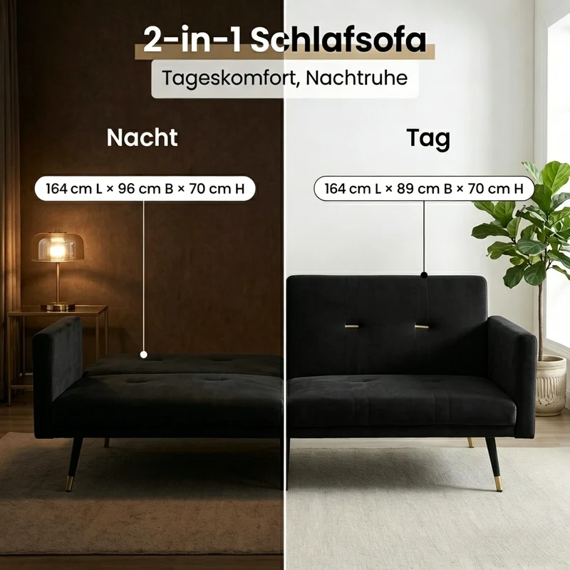Canapé convertible 2 places en velours noir, dossiers réglables 164cm SCANDINAVIANDRESSER