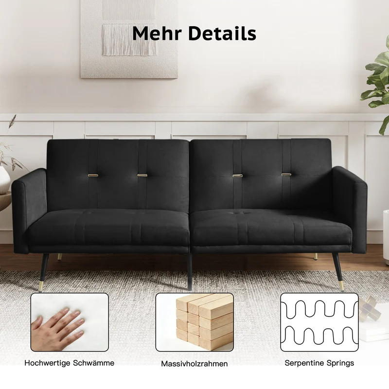 Canapé convertible 2 places en velours noir, dossiers réglables 164cm SCANDINAVIANDRESSER