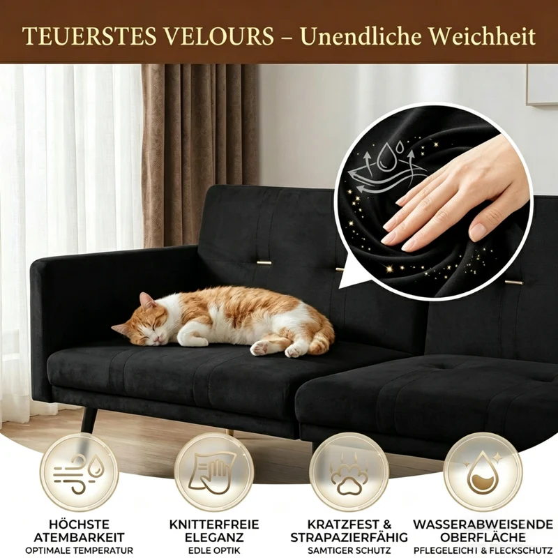 Canapé convertible 2 places en velours noir, dossiers réglables 164cm SCANDINAVIANDRESSER