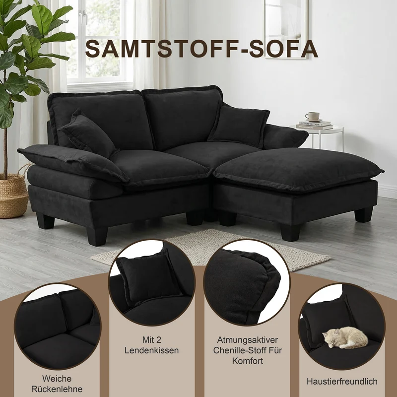Canapé 2 places en chenille noire, style bateau 194cm SCANDINAVIANGOLDPLUS