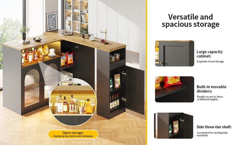 Table de bar rotative 360° effet bois et noir mat avec porte vitrée et éclairage LED 198x39,6x97cm ALIGNLA