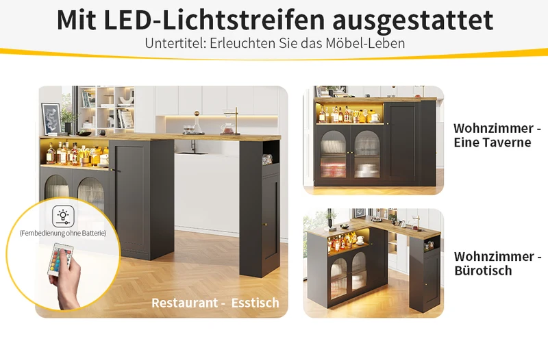 Table de bar rotative 360° effet bois et noir mat avec porte vitrée et éclairage LED 198x39,6x97cm ALIGNLA
