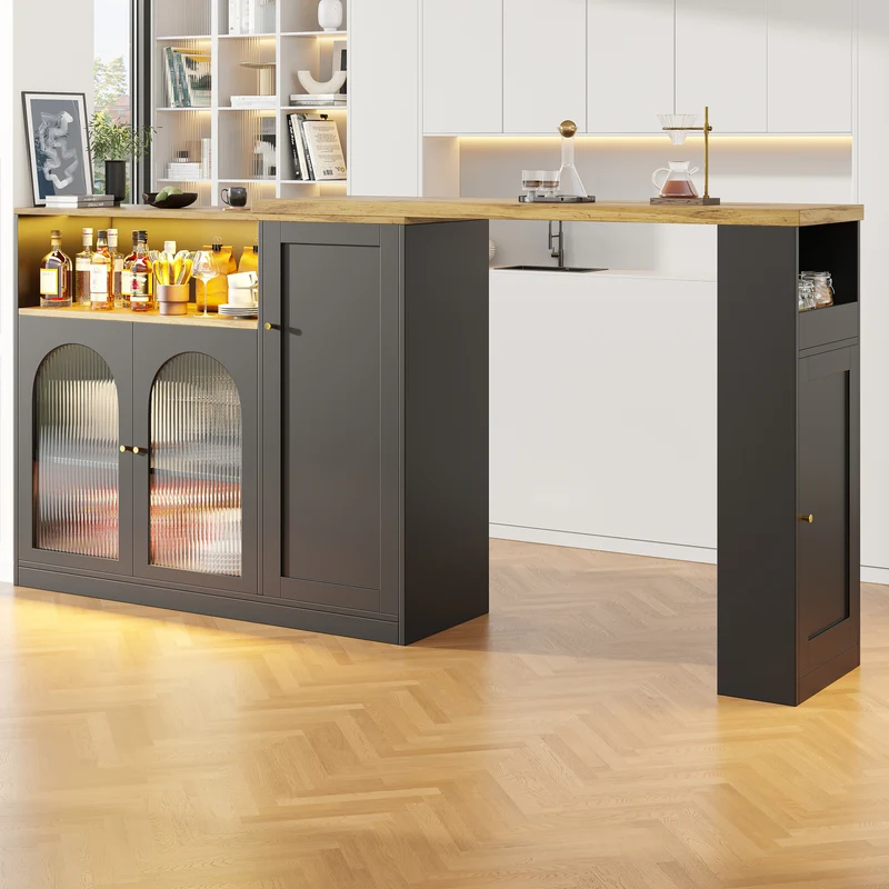 Table de bar rotative 360° effet bois et noir mat avec porte vitrée et éclairage LED 198x39,6x97cm ALIGNLA