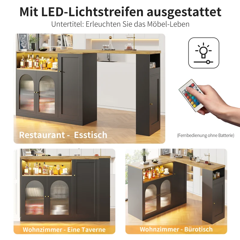 Table de bar rotative 360° effet bois et noir mat avec porte vitrée et éclairage LED 198x39,6x97cm ALIGNLA