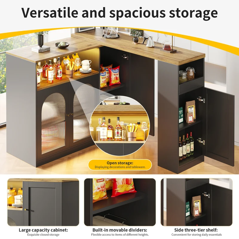 Table de bar rotative 360° effet bois et noir mat avec porte vitrée et éclairage LED 198x39,6x97cm ALIGNLA