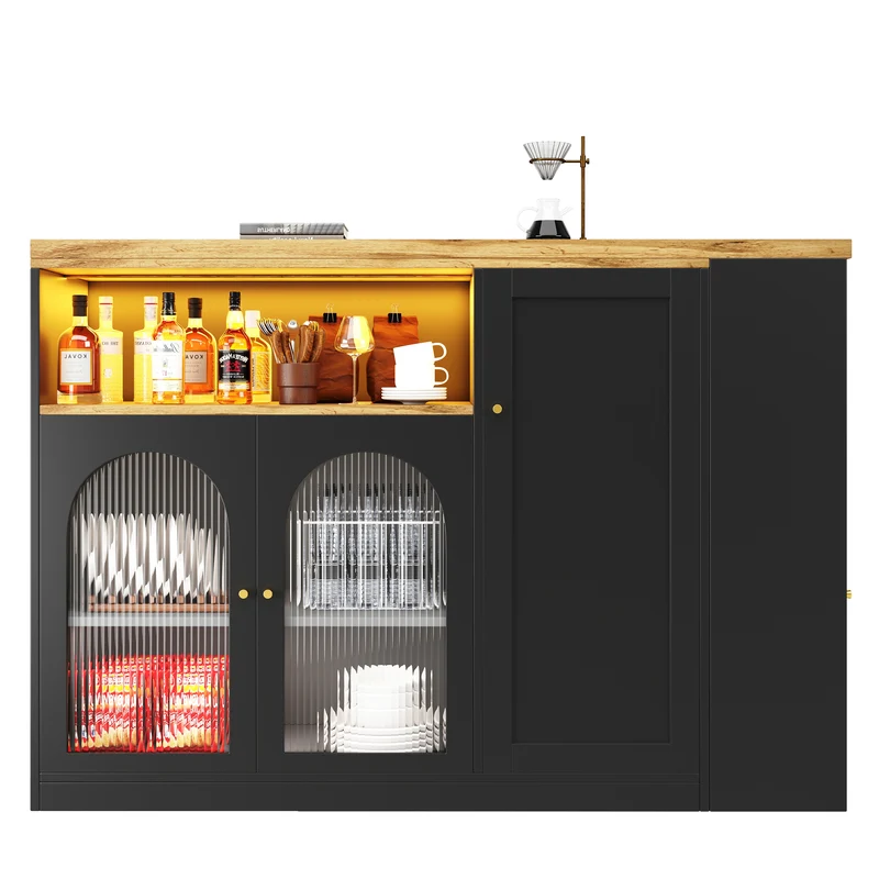 Table de bar rotative 360° effet bois et noir mat avec porte vitrée et éclairage LED 198x39,6x97cm ALIGNLA
