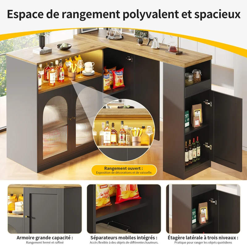 Table de bar rotative 360° effet bois et noir mat avec porte vitrée et éclairage LED 198x39,6x97cm ALIGNLA