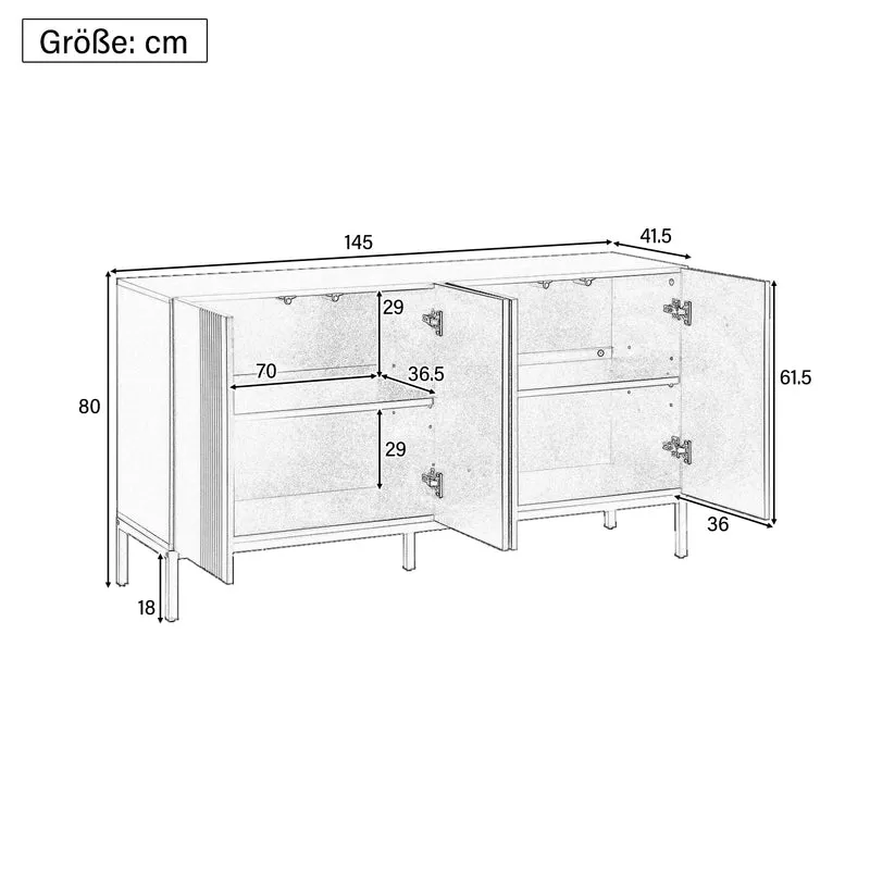 Buffet moderne noir 4 portes à motifs rainurés sans poignées 145x41,5x80 cm VERTEXIRE