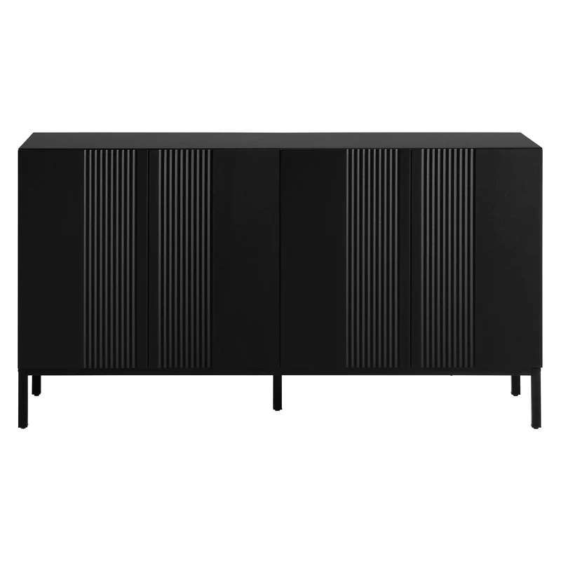 Buffet moderne noir 4 portes à motifs rainurés sans poignées 145x41,5x80 cm VERTEXIRE