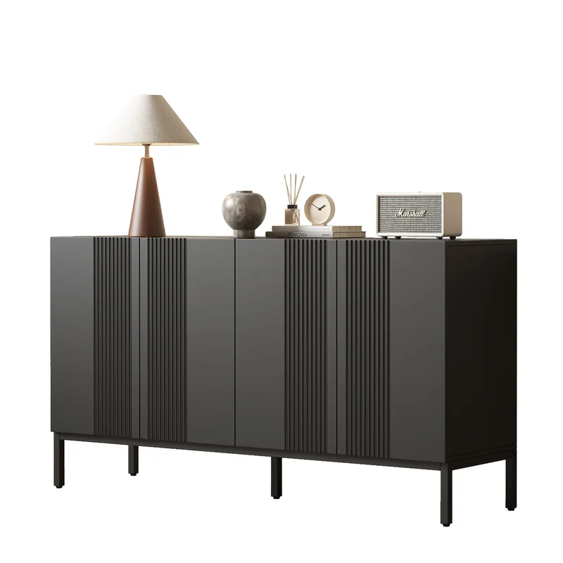 Buffet moderne noir 4 portes à motifs rainurés sans poignées 145x41,5x80 cm VERTEXIRE
