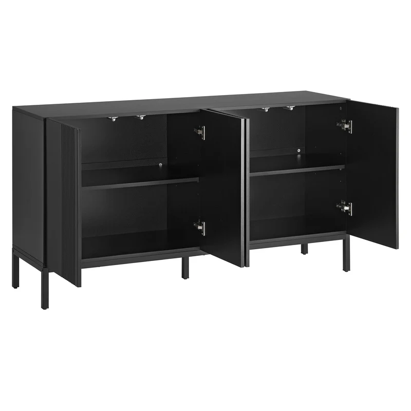 Buffet moderne noir 4 portes à motifs rainurés sans poignées 145x41,5x80 cm VERTEXIRE