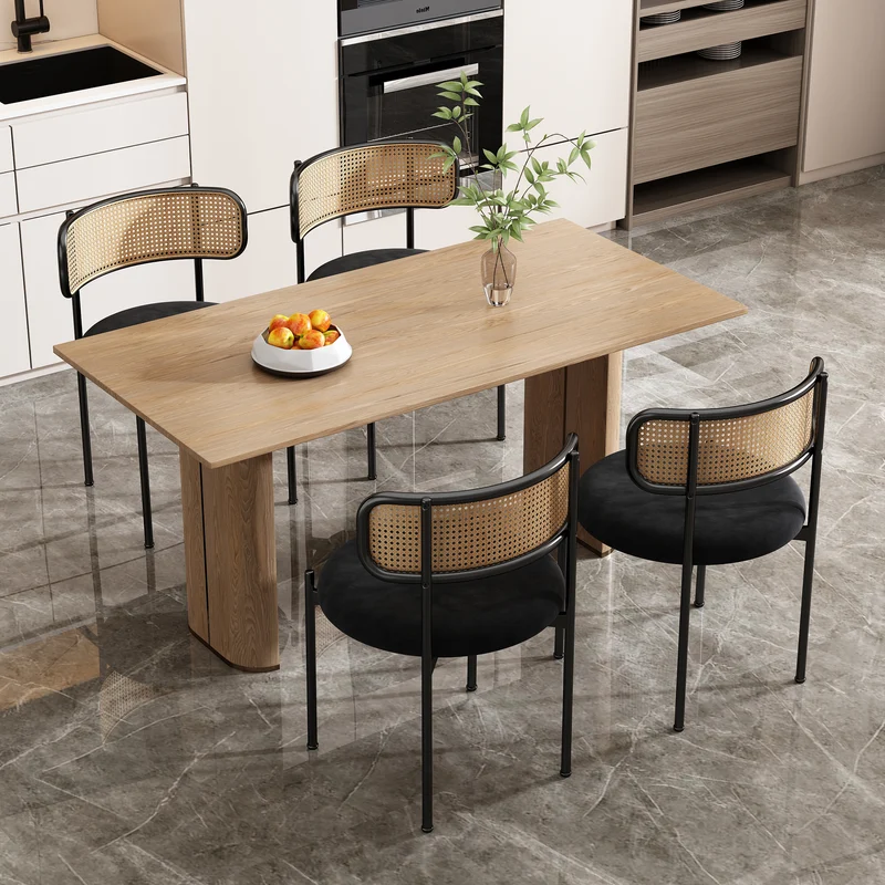 Lot de 2 chaises de salle à manger velours noir avec dossier en rotin COBALTLRE