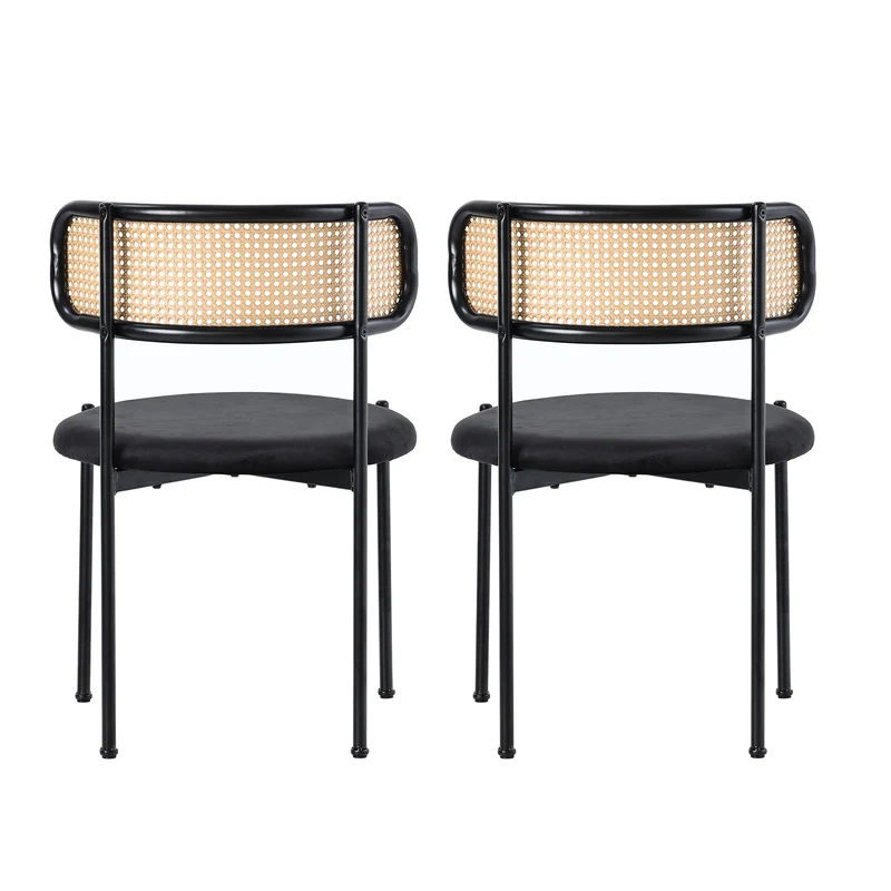Lot de 2 chaises de salle à manger velours noir avec dossier en rotin COBALTLRE
