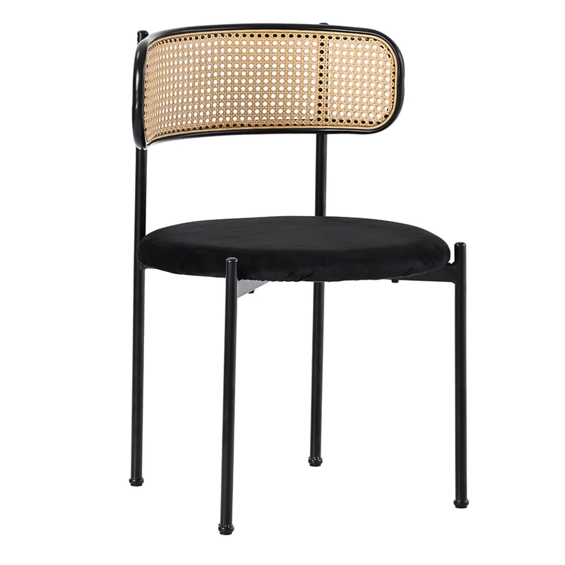 Lot de 2 chaises de salle à manger velours noir avec dossier en rotin COBALTLRE