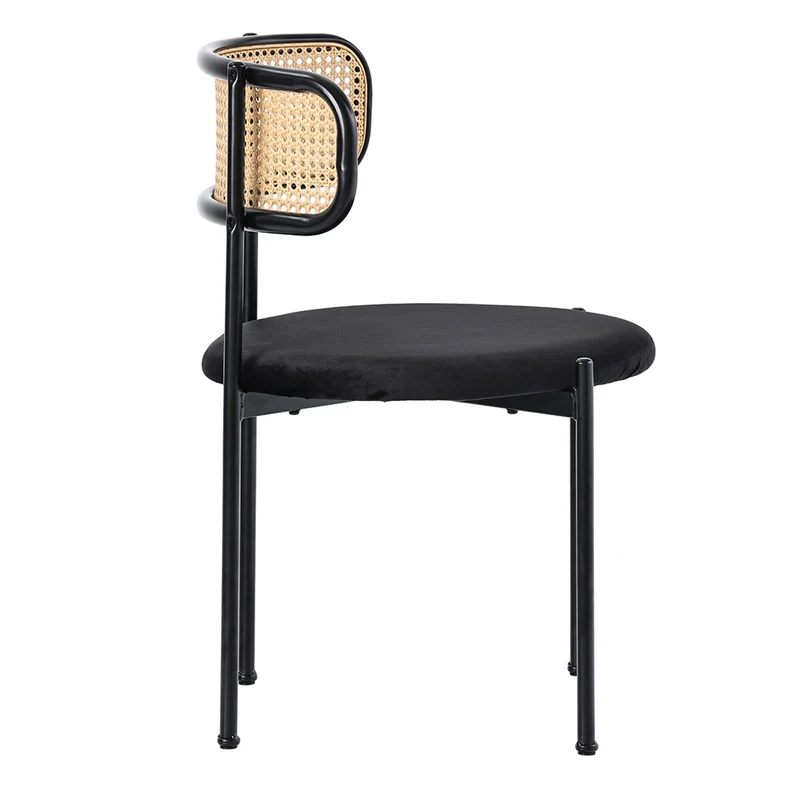 Lot de 2 chaises de salle à manger velours noir avec dossier en rotin COBALTLRE