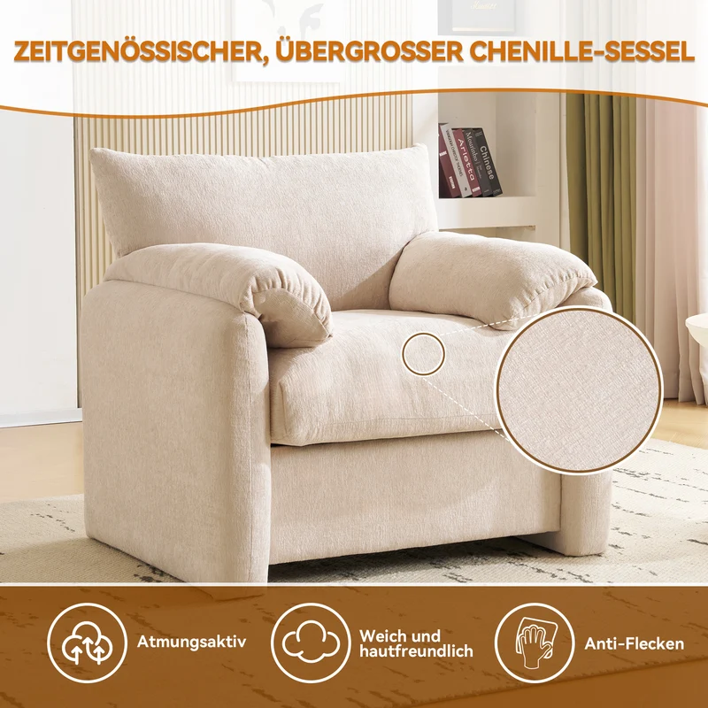 Fauteuil canapé 1 place en tissu chenille beige confortable 96x82x84cm COBALTEX
