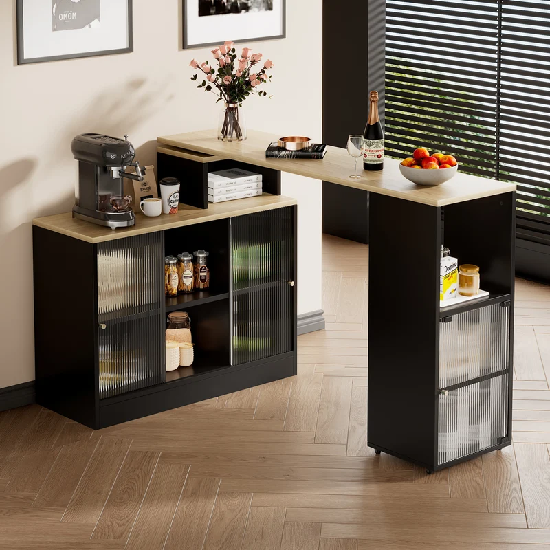 Table de bar rotative extensible effet bois, noir et verre SOLSTICEENO