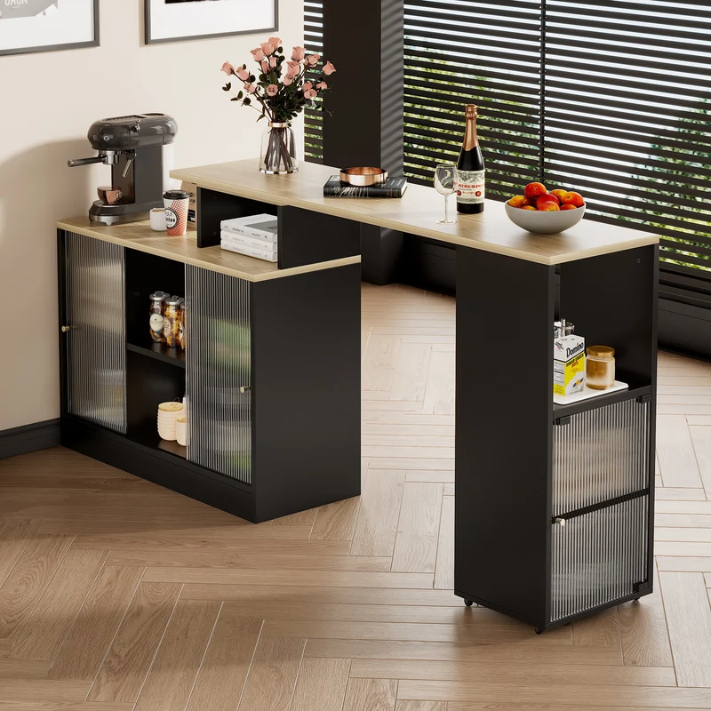 Table de bar rotative extensible effet bois, noir et verre SOLSTICEENO