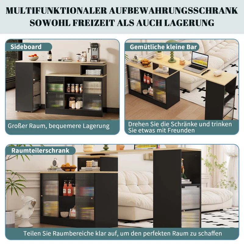 Table de bar rotative extensible effet bois, noir et verre SOLSTICEENO