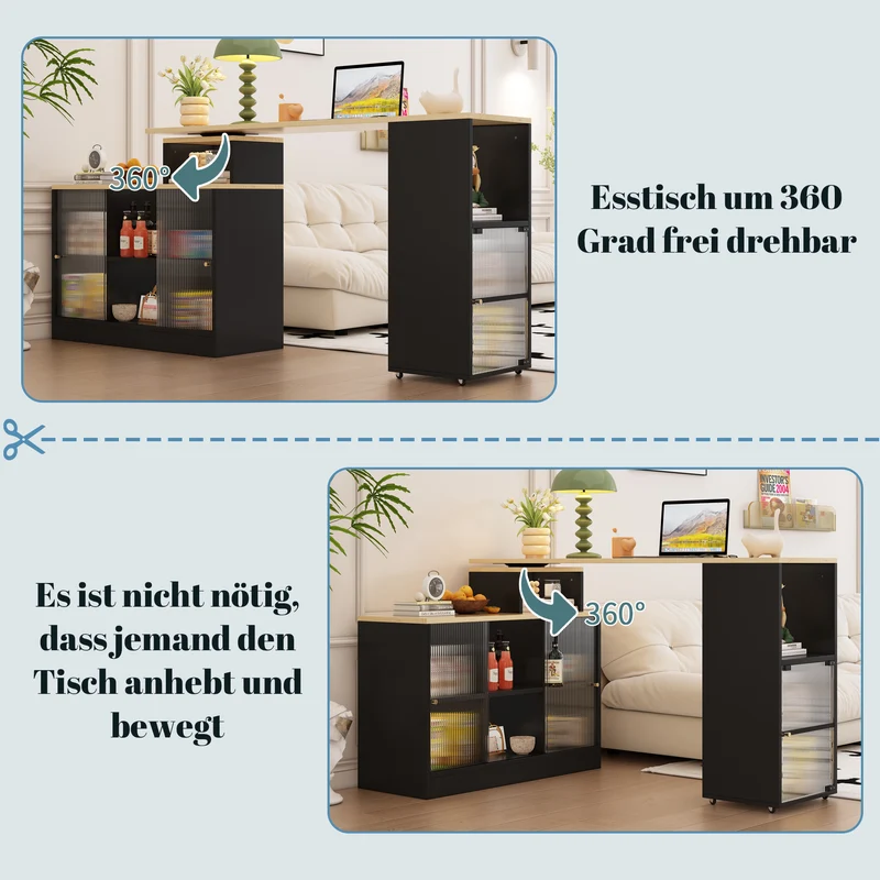 Table de bar rotative extensible effet bois, noir et verre SOLSTICEENO