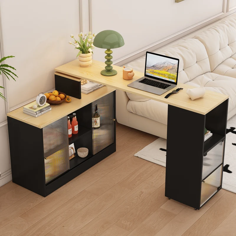 Table de bar rotative extensible effet bois, noir et verre SOLSTICEENO