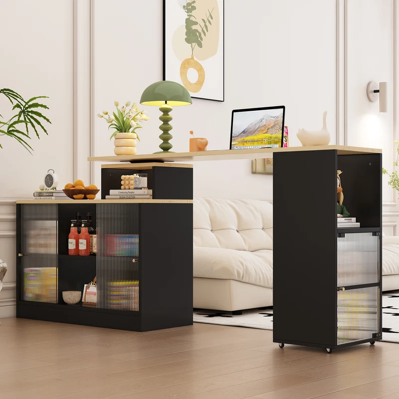 Table de bar rotative extensible effet bois, noir et verre SOLSTICEENO