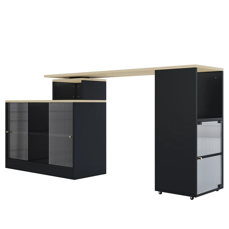 Table de bar rotative extensible effet bois, noir et verre SOLSTICEENO