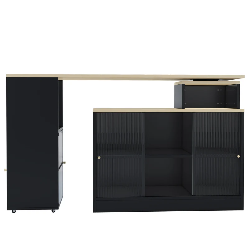 Table de bar rotative extensible effet bois, noir et verre SOLSTICEENO
