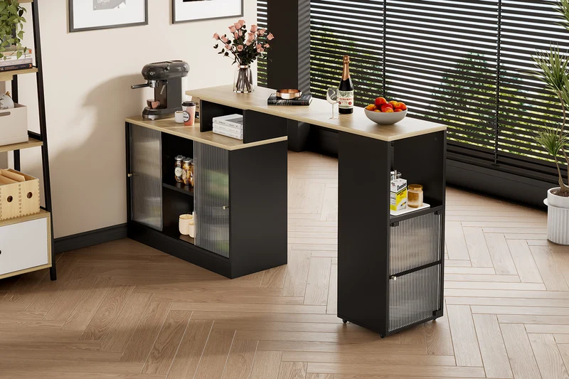 Table de bar rotative extensible effet bois, noir et verre SOLSTICEENO