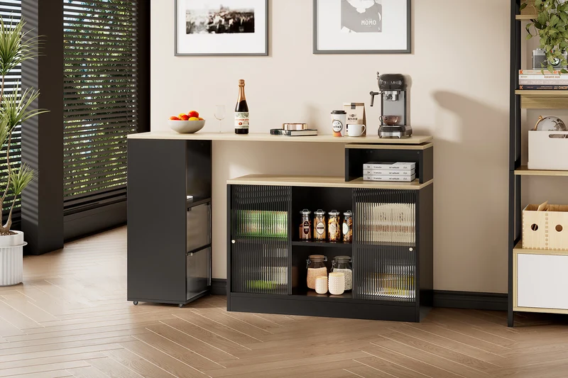 Table de bar rotative extensible effet bois, noir et verre SOLSTICEENO
