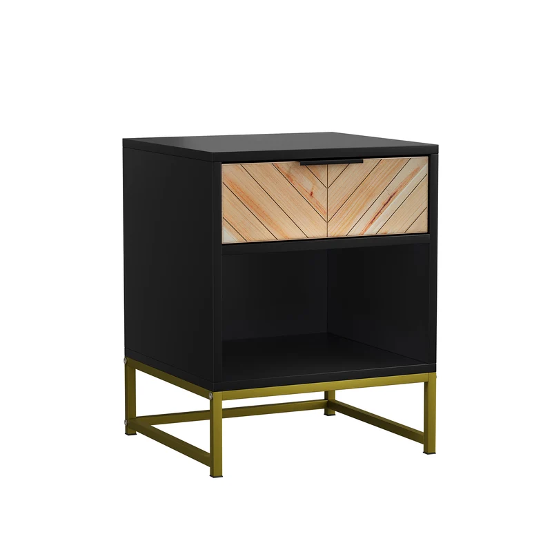 Table de chevet noir avec tiroir en bois à chevrons et pieds métalliques dorés FOCUSE