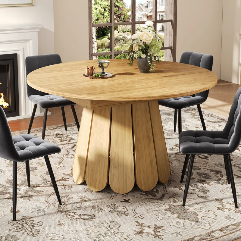 Table de salle à manger extensible ronde effet bois claire piétement tulipe à lattes 118-158 cm VIGOURLA