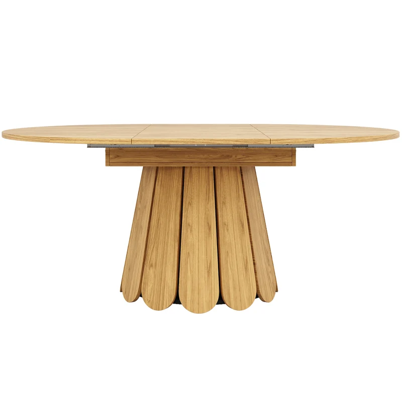 Table de salle à manger extensible ronde effet bois claire piétement tulipe à lattes 118-158 cm VIGOURLA